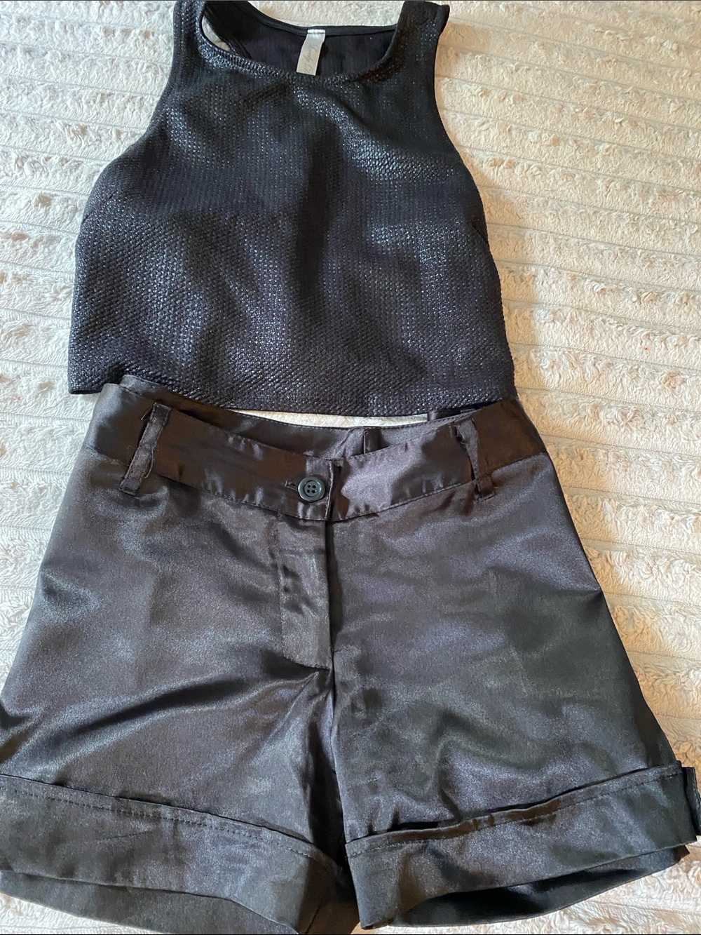 Black Textured Crop Tank Top Paired with Satin Shorts Outfit